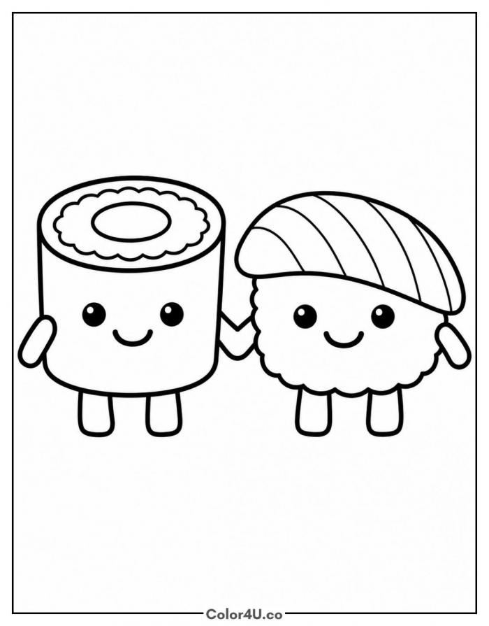 Two kawaii sushi characters holding hands, easy sushi coloring page, free printable