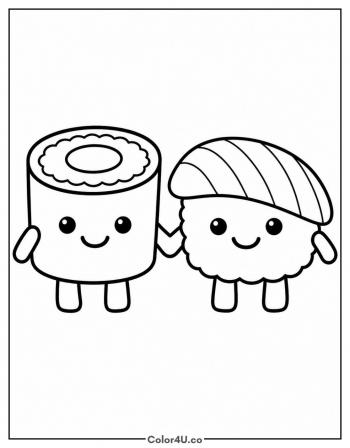 Cute Sushi Friends Holding Hands coloring page