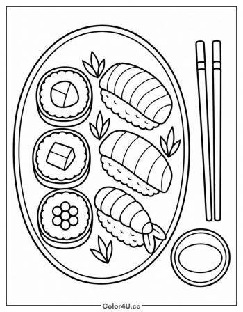 Sushi Platter with Chopsticks coloring page