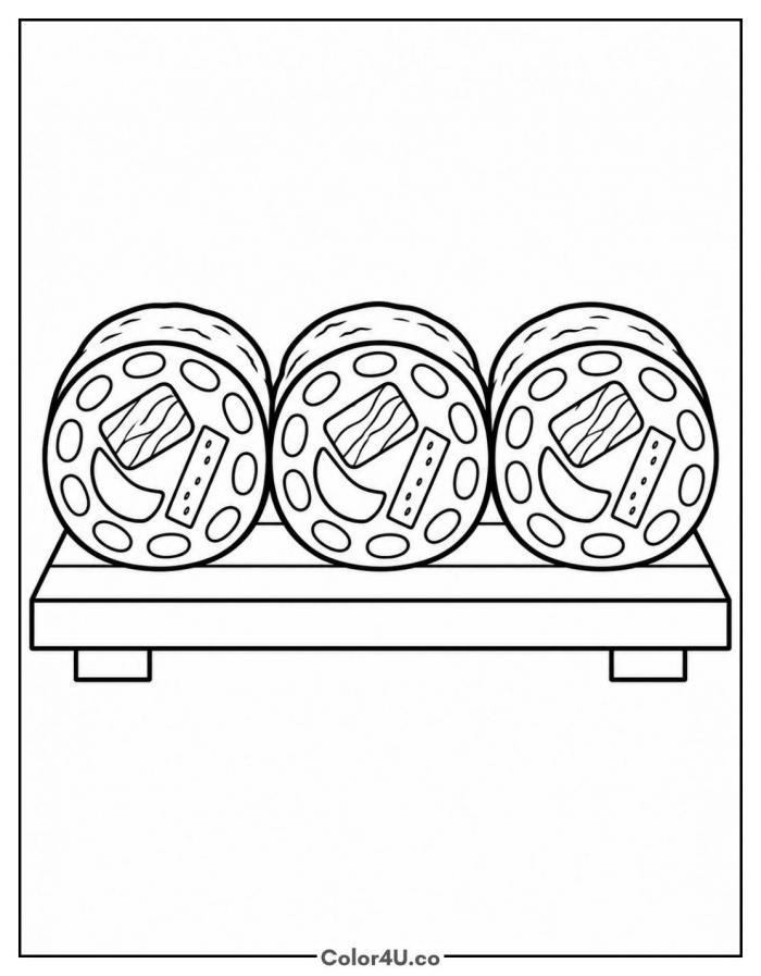 Three maki rolls on a wooden stand, easy sushi coloring page, free printable