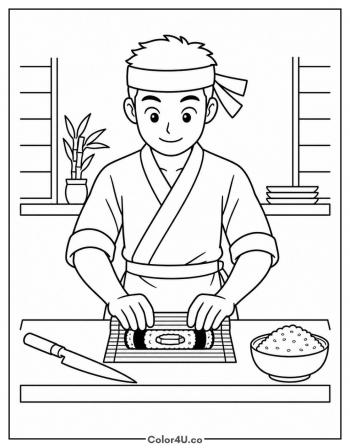 Sushi Chef Making a Roll coloring page