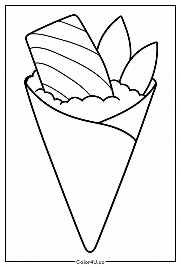 Temaki hand roll cone with salmon, easy sushi coloring page, free printable