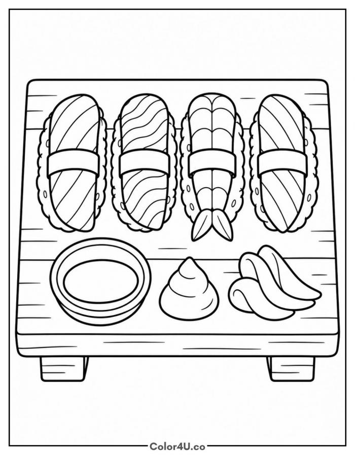 Nigiri set with soy sauce, wasabi and ginger, easy sushi coloring page, free printable