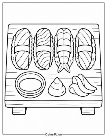 Sushi Set with Soy Sauce and Wasabi coloring page