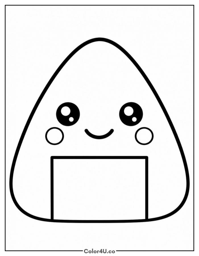 Smiling kawaii onigiri rice ball, easy sushi coloring page, free printable