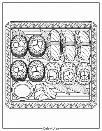 Detailed Sushi Platter on a Patterned Tray coloring page