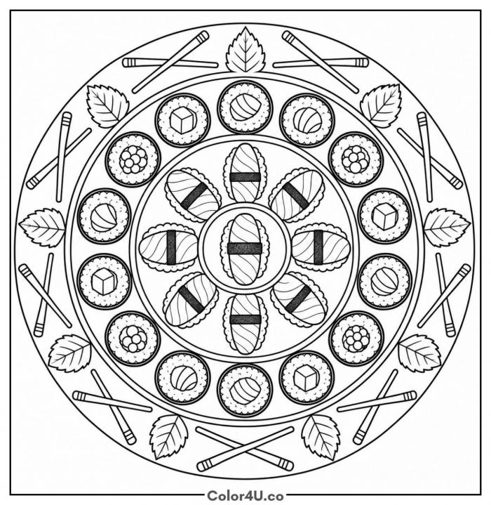 Sushi mandala with rings of rolls and chopsticks, hard coloring page, free printable
