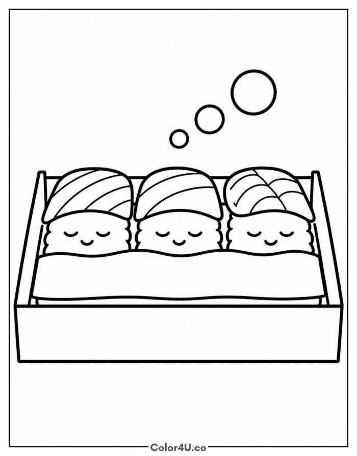 Three sleeping nigiri tucked under a blanket, easy sushi coloring page, free printable