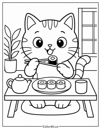 Cat Eating Sushi with Chopsticks coloring page