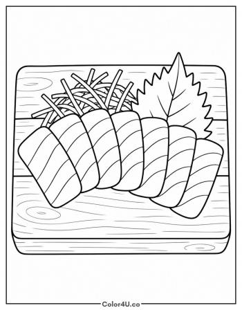 Sashimi Slices on a Wooden Board coloring page