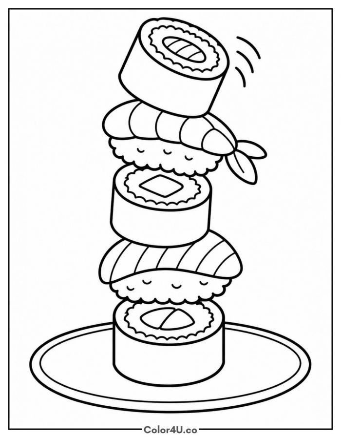 Stacked tower of sushi pieces on a plate, easy sushi coloring page, free printable