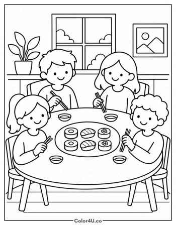 Family Eating Sushi Together coloring page