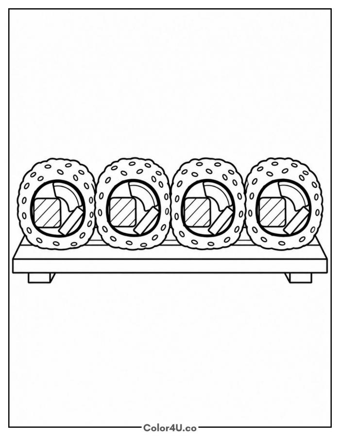 Four uramaki inside-out rolls on a stand, easy sushi coloring page, free printable