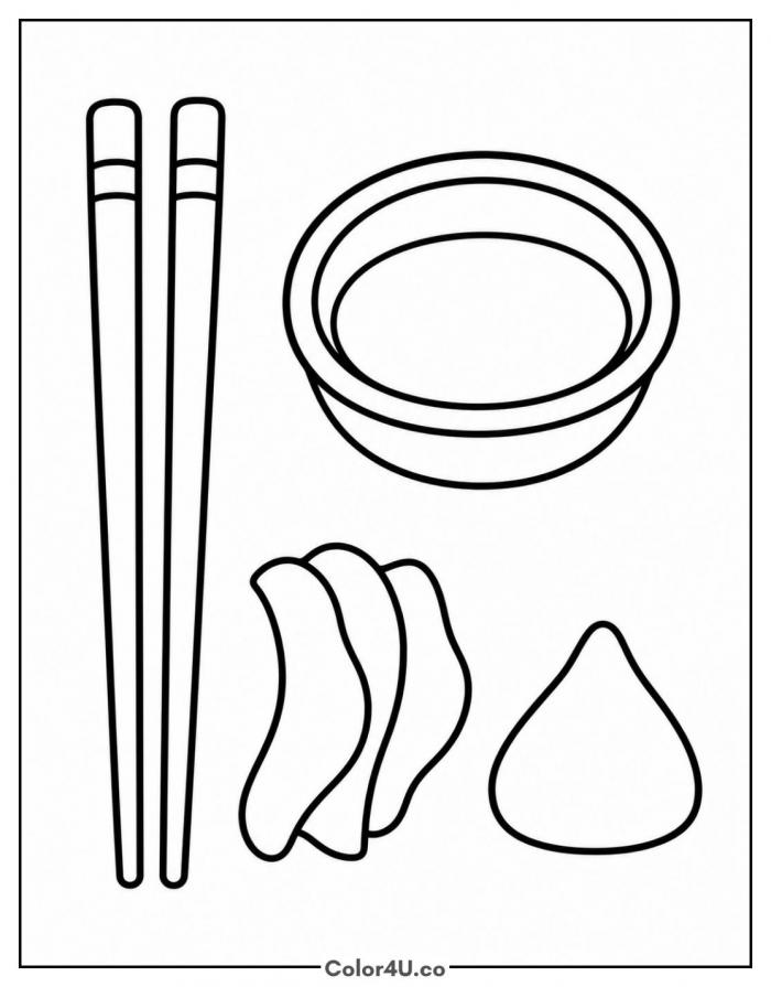Chopsticks, soy dish, ginger and wasabi, easy sushi coloring page, free printable
