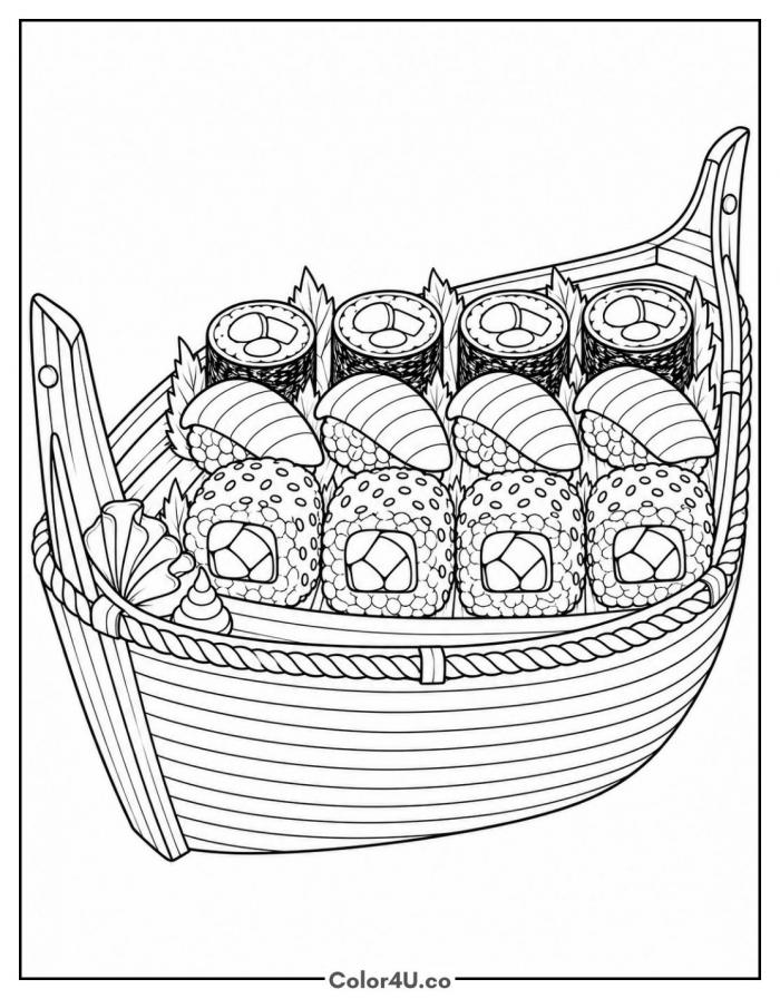 Wooden sushi boat platter loaded with rolls, hard sushi coloring page, free printable