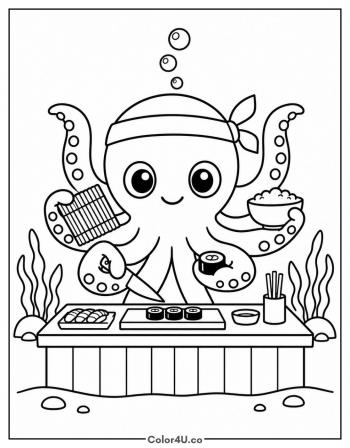 Octopus Chef Making Sushi Underwater coloring page