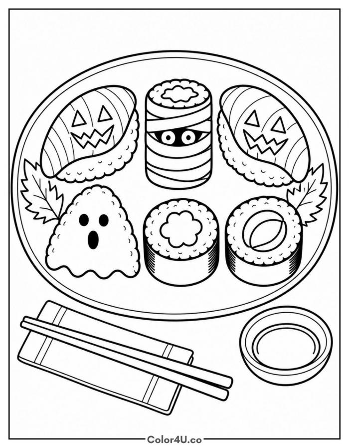 Halloween sushi platter with ghost and mummy pieces, medium coloring page, free printable