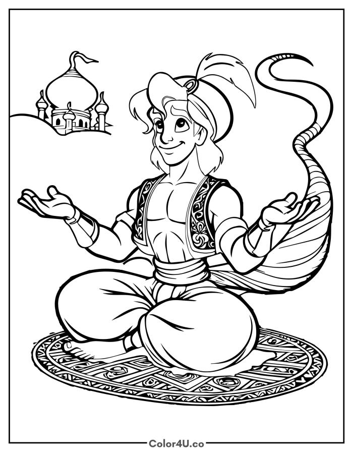 Aladdin sitting on a patterned carpet gazing toward Agrabah, medium Disney coloring page, free printable