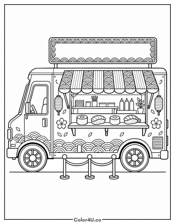 Sushi food truck with awning and lanterns, hard sushi coloring page, free printable