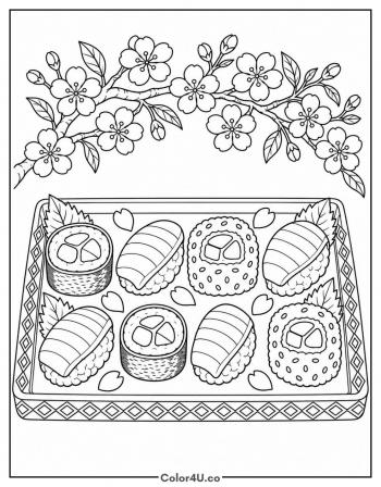 Cherry Blossom Sushi Arrangement coloring page