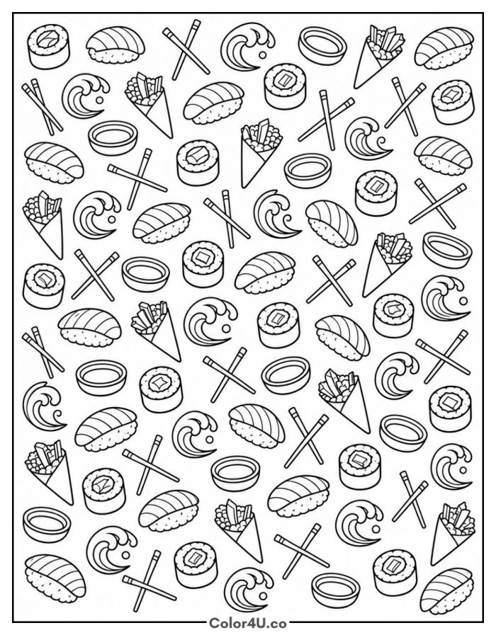Repeating sushi doodle pattern page, hard sushi coloring page, free printable