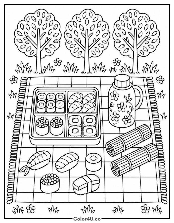 Sushi picnic on a checked blanket in the park, hard coloring page, free printable