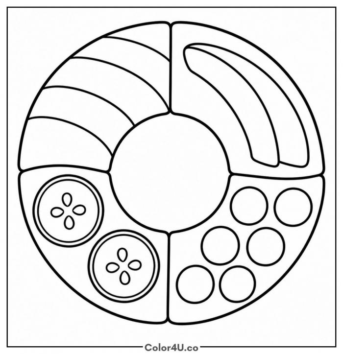 Round sushi doughnut ring with four toppings, easy sushi coloring page, free printable