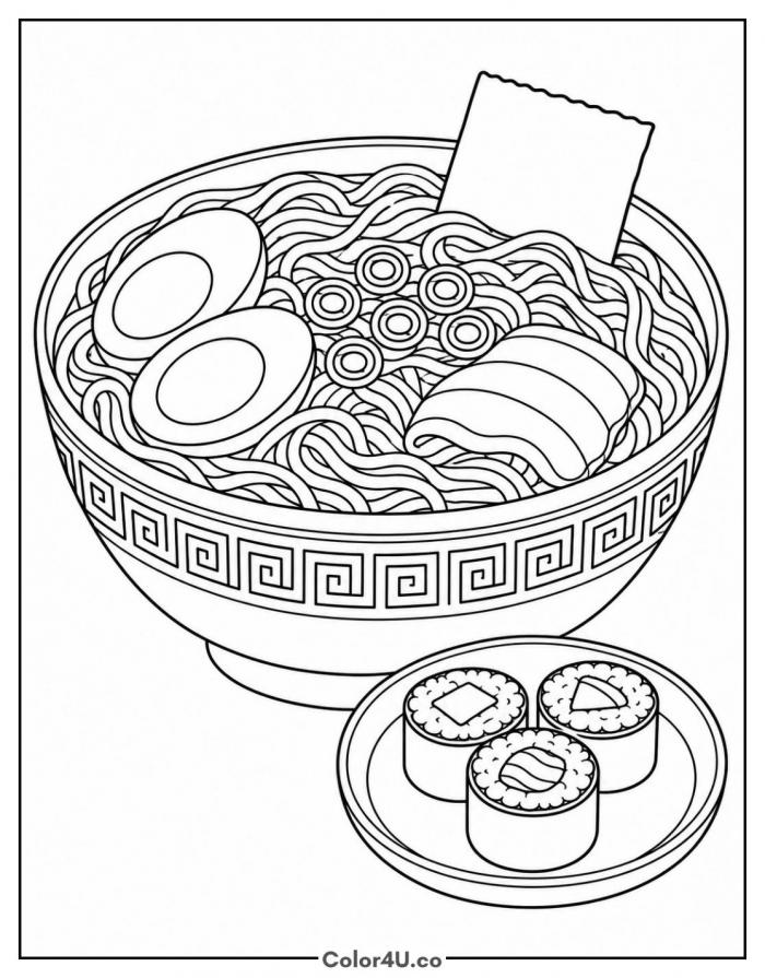 Ramen bowl with eggs and a sushi side plate, hard coloring page, free printable
