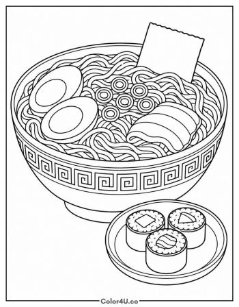 Ramen Bowl with a Sushi Side coloring page