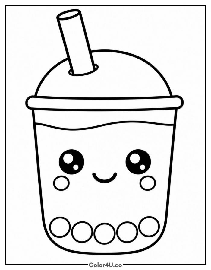Smiling kawaii boba cup with big eyes, easy coloring page, free printable