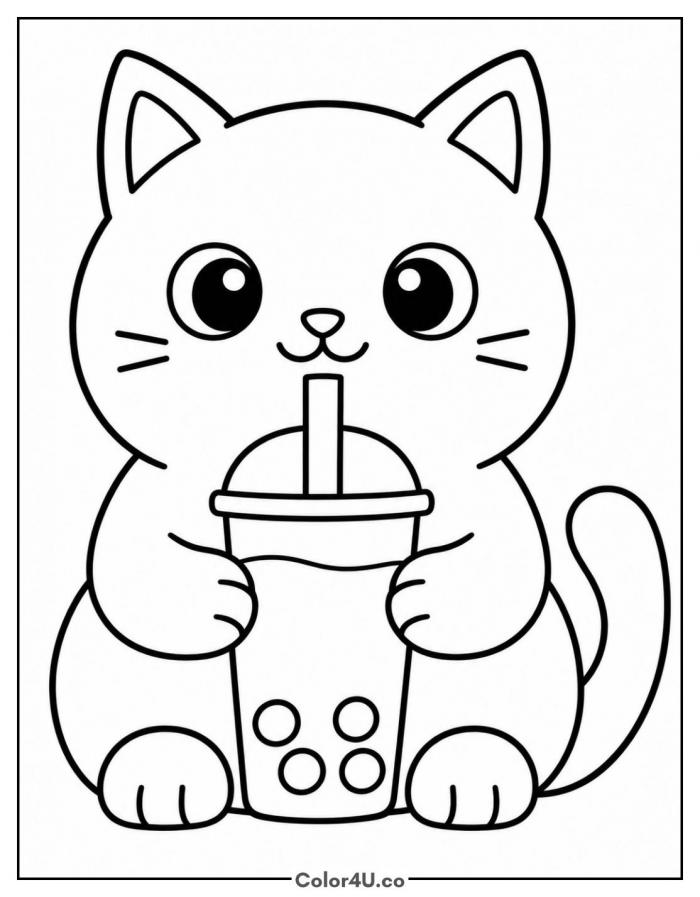 Cat holding a boba cup with a straw, medium coloring page, free printable