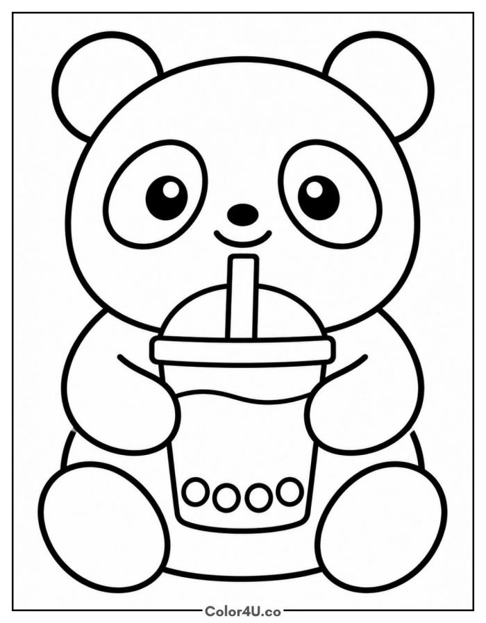 Panda hugging a boba cup with a straw, easy coloring page, free printable