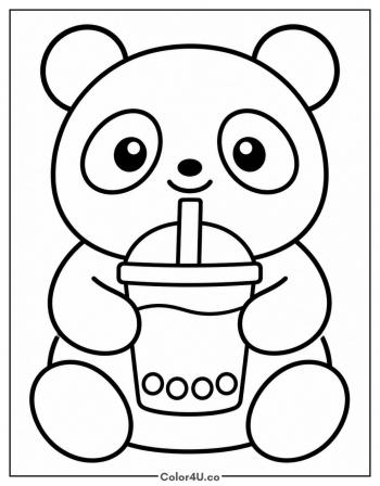Panda Hugging a Boba Cup coloring page