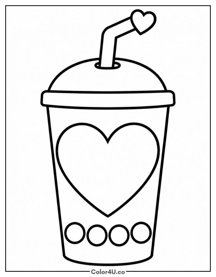 Boba cup with a big heart and heart-shaped straw, easy coloring page, free printable