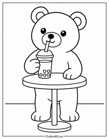Bear Drinking Boba Tea coloring page