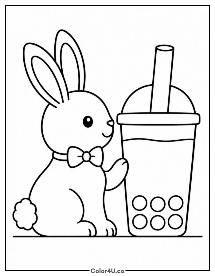 Bunny in a bow tie beside a boba cup, medium coloring page, free printable