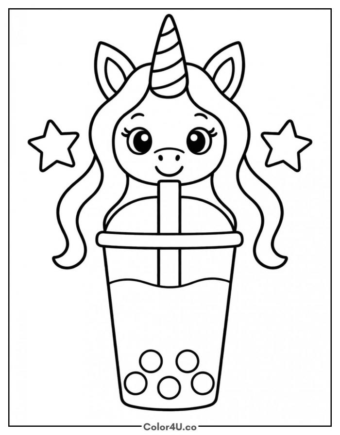 Unicorn boba drink with horn and flowing mane, medium coloring page, free printable