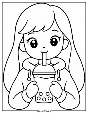 Girl Drinking Boba Tea coloring page