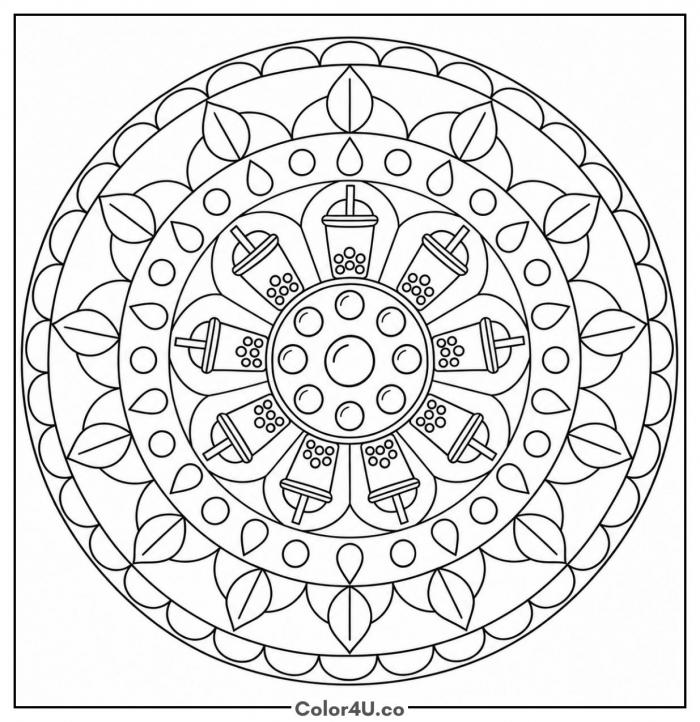 Boba tea mandala with eight cups and petal rings, detailed coloring page, free printable