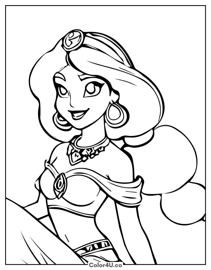 Jasmine smiling portrait with gem necklace and earrings, medium Disney coloring page, free printable