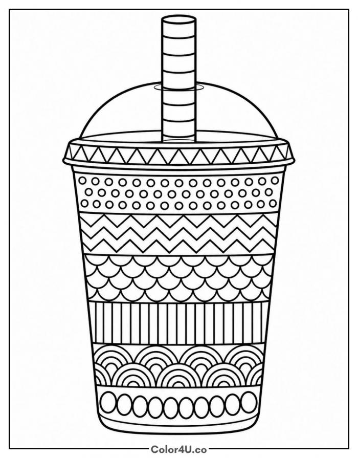 Patterned boba cup with zigzag and scale bands, detailed coloring page, free printable