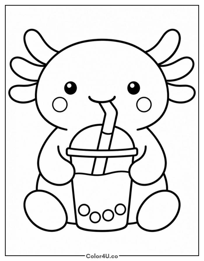 Axolotl drinking boba with a bendy straw, medium coloring page, free printable