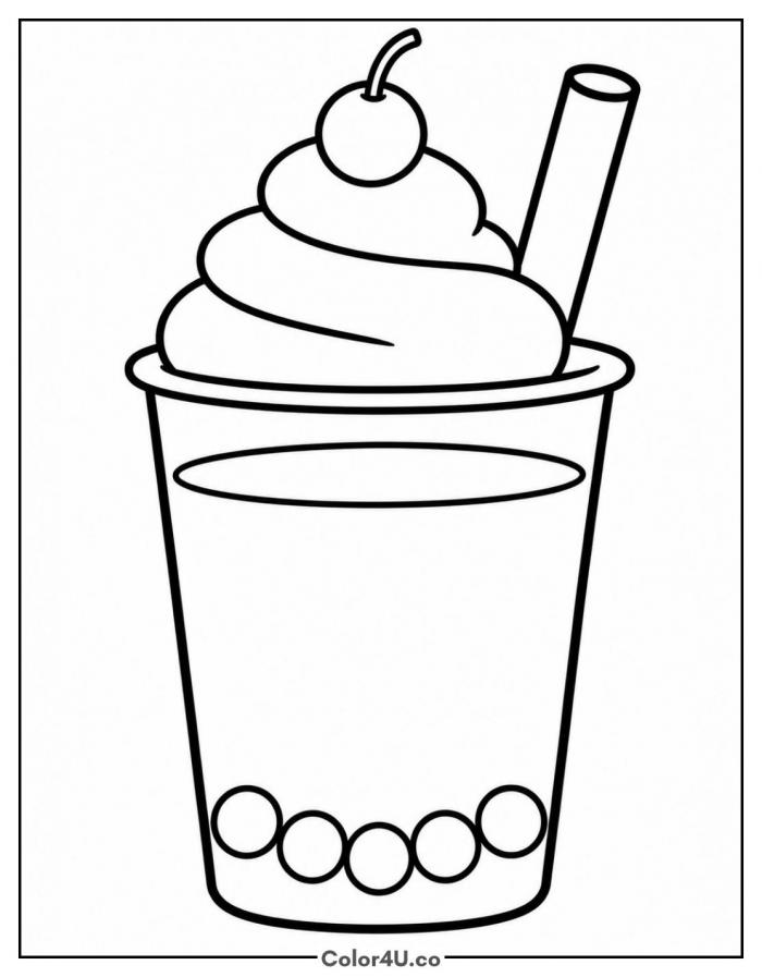Boba tea with whipped cream and a cherry, easy coloring page, free printable