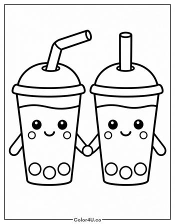 Two Boba Cups Holding Hands coloring page