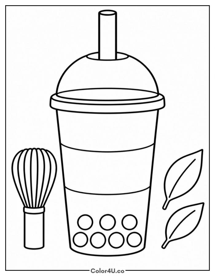 Matcha green tea boba with bamboo whisk, medium coloring page, free printable