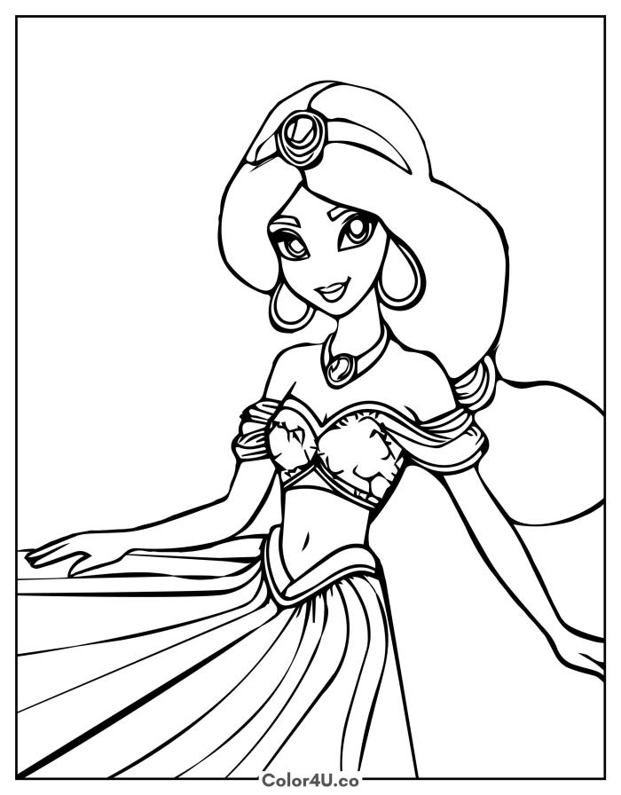 Jasmine in a flowing skirt reaching outward, easy Disney coloring page, free printable