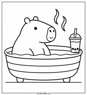 Capybara Relaxing with Boba coloring page