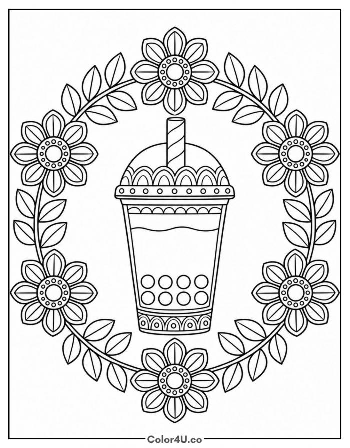 Boba cup inside a floral wreath, detailed coloring page, free printable