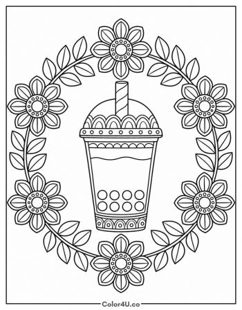 Boba Cup in a Floral Wreath coloring page