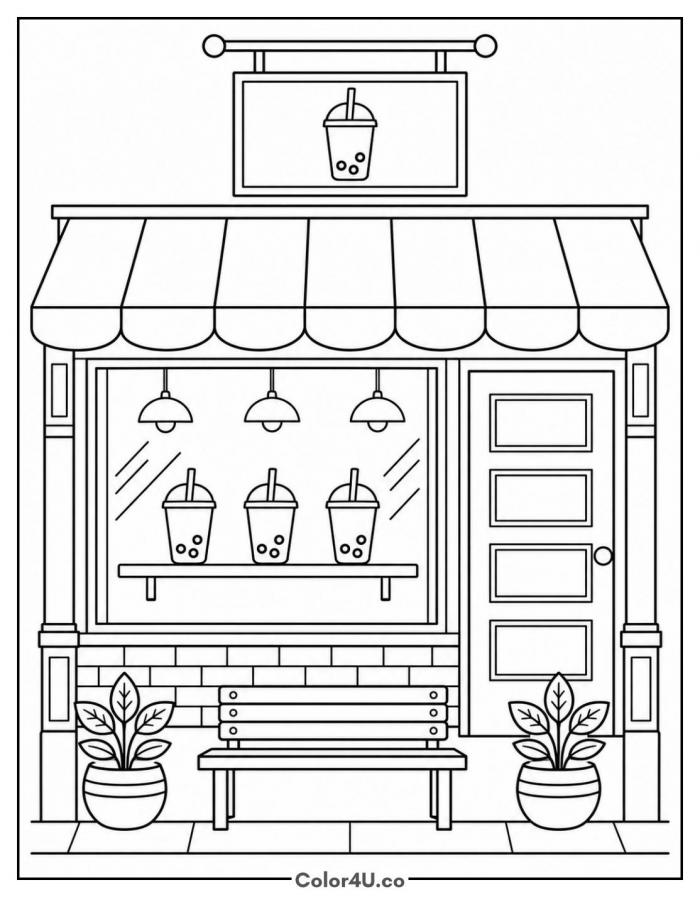 Boba tea shop storefront with awning and bench, detailed coloring page, free printable